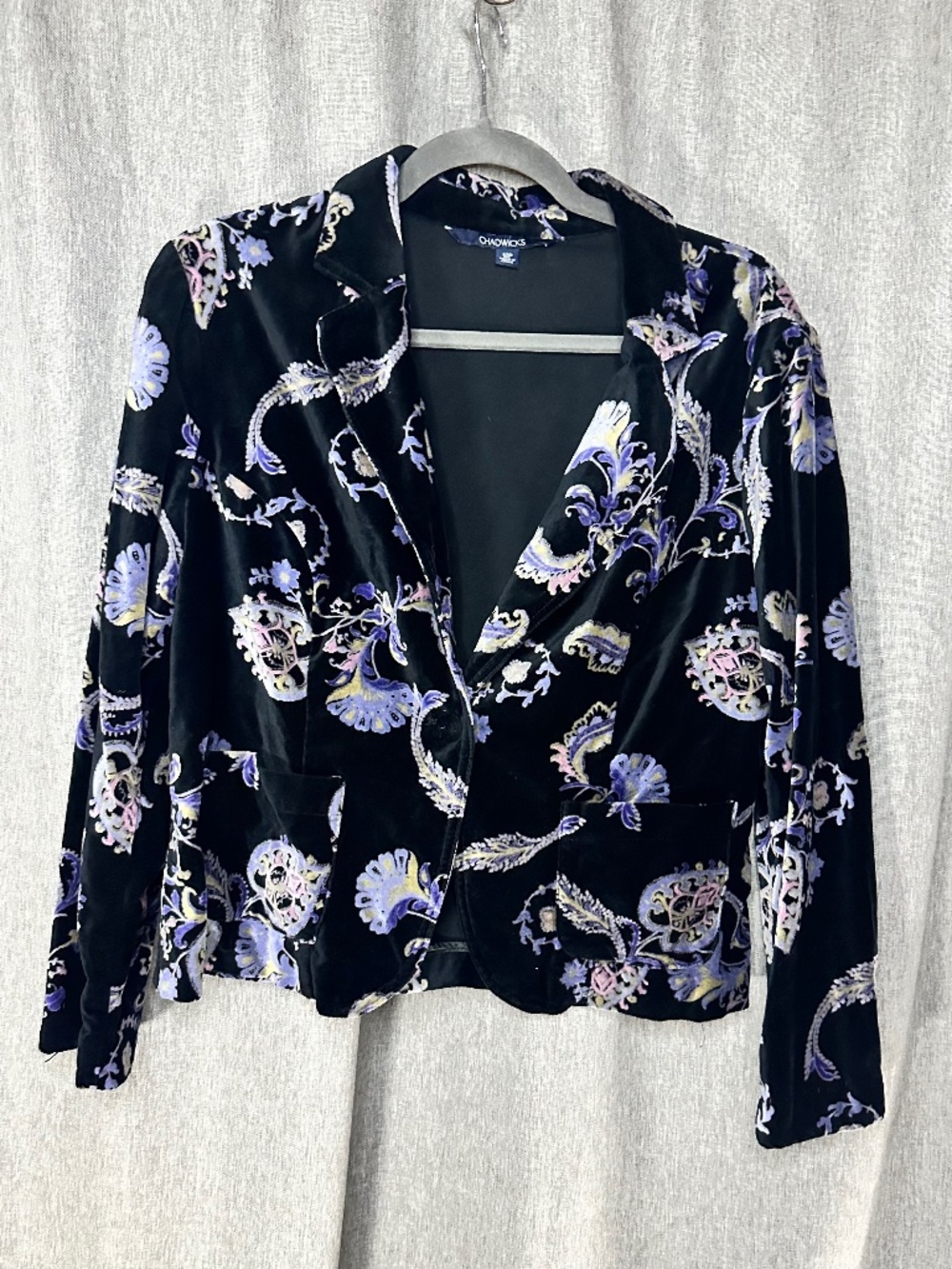 Chadwick’s Boston Black Velvet Paisley Floral Blazer Jacket Size 12P Petite